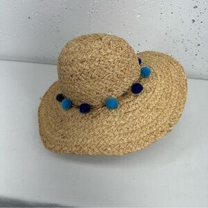 Pool to Party by Subtle Luxury Wide Brim Straw Floppy Sun Hat with Blue Pom Poms